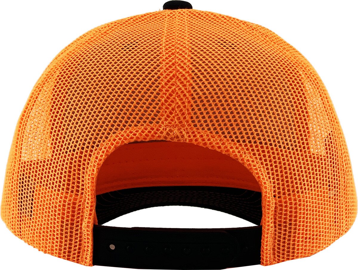 Black Neon Orange Two Tone Classic 6 Panel Trucker Mesh Snapback Back View